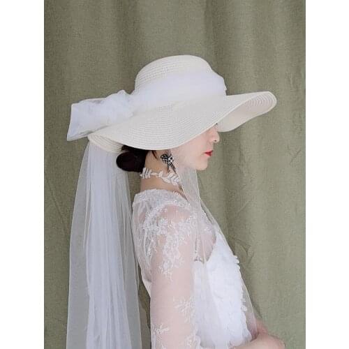 Long Gauze Bow Sun Hat 15Cm Wide Brim Straw Summer Hat Handmade White Black Purple Mesh Bowknot Women Summer Brimed Sombrero Cap