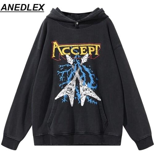 Hip Hop Men Sweatshirt Hoodie Streetwear Rock Lightning Guitar Print Washed Pullover Autumn Harajuku Cotton Hooded Sweatshirt