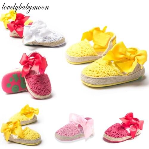 Baby Girl Newborn Shoes Spring Summer Sweet Very Light Mary Jane Big Bow Knitted Dance Ballerina Dress Pram Crib Shoe