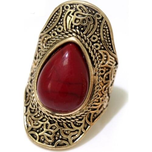 Vintage Red Water Drop Stone Ethnic Retro Rings For Women Men Fashion Boho Inlaid Cheap Ring Jewelry Dropship