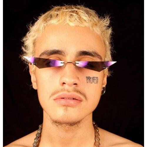 Hot Pink Mirror Hippie Narrow Glasses New Personality Cat Eye Frameless Sunglasses Women Men Metal Shades Hip Hop Sun Glasses