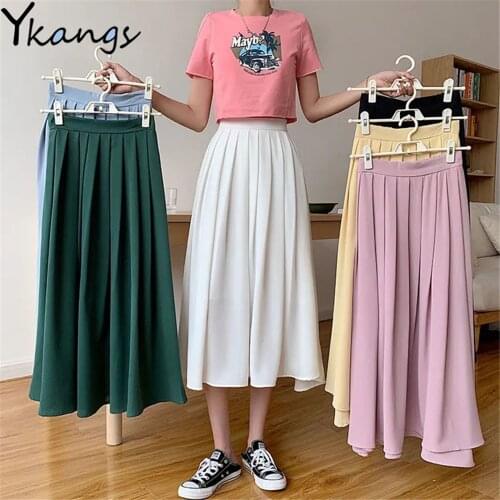 Japanese Literary Vintage Long Pleated Skirt Women High Waist Solid Color A Line Skirt Student Clean Solid Color White Wild Saia