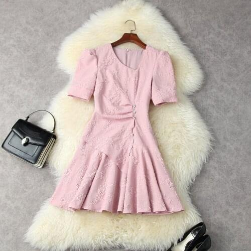 European and American womens wear for summer 2021 Short sleeve jacquard with bubble sleeves Fashion pleated dress