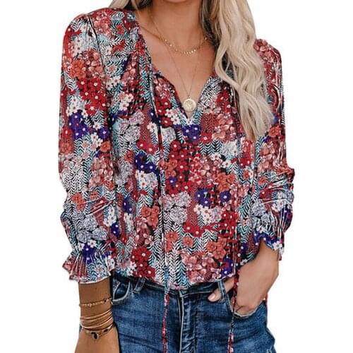 Floral Print Long Sleeve T-shirt Womens Clothing Tops & Tees T-shirts Shirts for Women Vintage T Shirt V-neck Cropped Summer