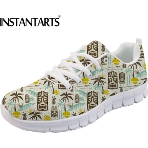 INSTANTARTS Light Women Flats Shoes Fashion Tiki Printed Lace Up Mesh Sneakers for Teenager Girls Female Ladies Students Zapator
