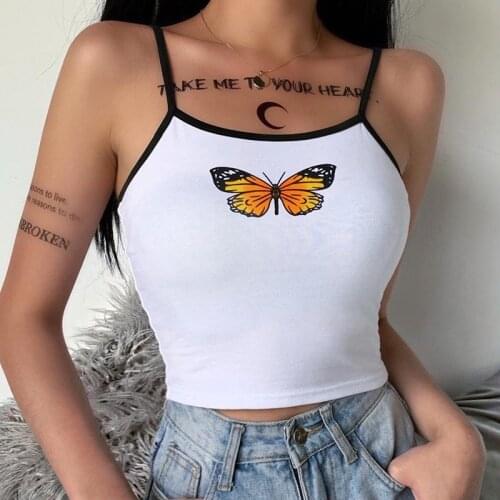 2021 Summer Women Fashion Sleeveless Slim Crop Top Butterfly Printing Casual Short Camis Cotton Vest Tank
