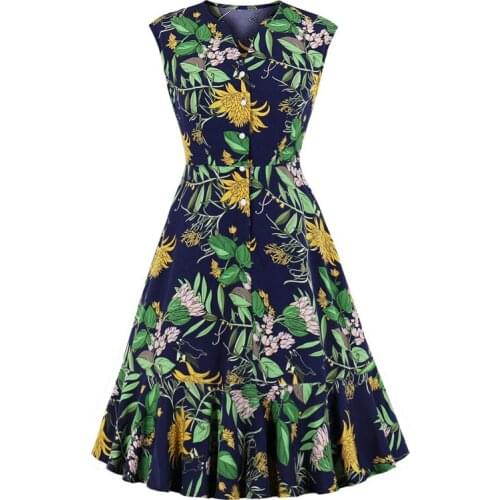 2021 Botanical Print Vintage High Waist Elegant Ruffle Hem Runway Dresses Women V Neck Single Breasted Sleeveless Summer Dress