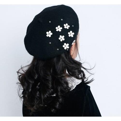 Winter Hats for Baby Girls Berets Knitting Pure Wool Beret Candy Color Beret Hats Applique Flower Hats Baret Caps Boinas Mujer