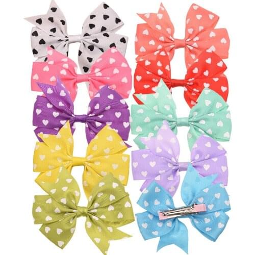 16PCS 3.4inch Heart Printed Ribbon Bow Cute Hair Accessories for Baby girl Hairclip Girls Hair Bows Barrettes