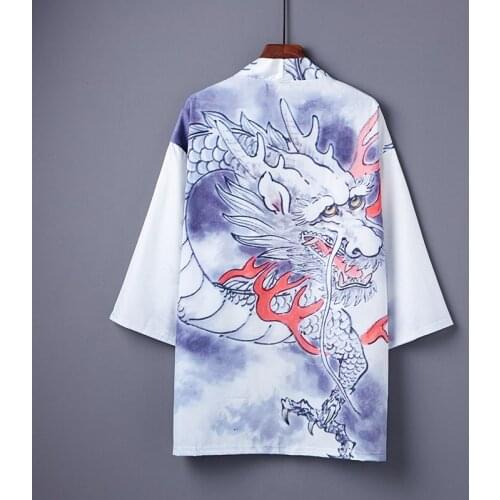#5038 Summer White Kimono Jacket Men Chinese Style 3D Dragon Printed Jacket Sunscreen Coat Loose Thin Vintage Jacket Outerwear