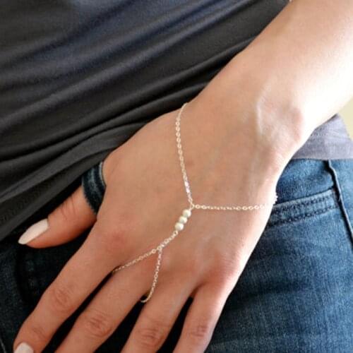 Simple Gold Silver Color Chain Imitation Pearls Slave Bracelet for Women Girl Charms Finger Link Chain Bracelets&Bangle