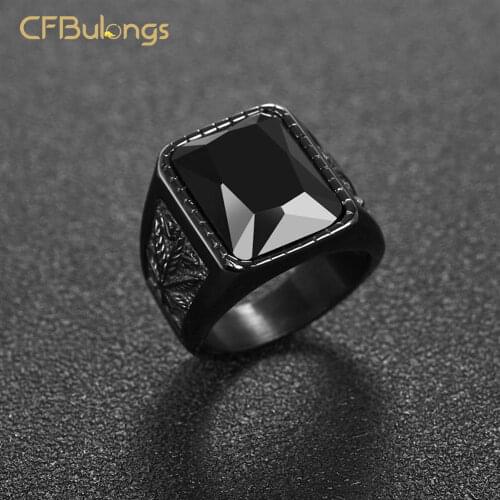 CFBulongs Punk Style Mens Square Red Black Big Zircon Ring 316L Stainless Steel Hip Hop Rock Fashion Men Jewelry Boyfriend Gift