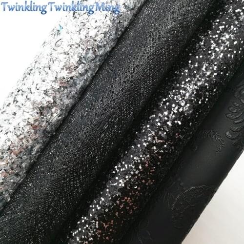BLACK Glitter Fabirc, Glitter Faux Leather Fabric, Flowers Synthetic Leather Sheets For Bow A4 21x29CM Twinkling Ming XM663