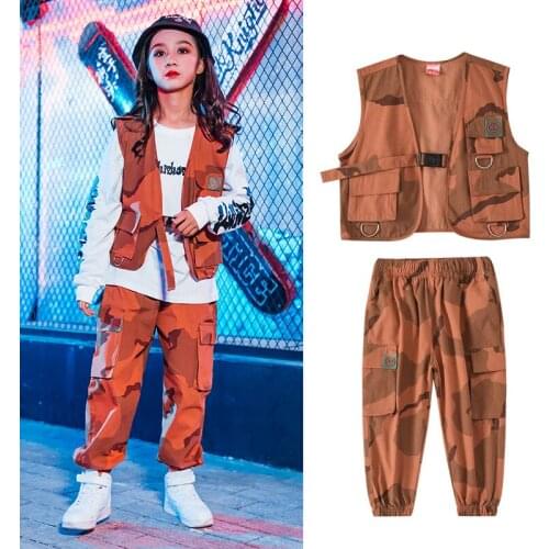 Children Camouflage Vest Cargo Pants Hip Hop Clothing Girls Modern Jazz Dance Costume Long Sleeves Tops Boys Rave Wear BL6937