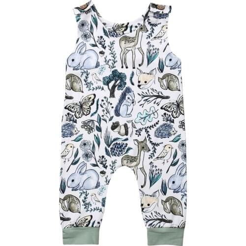 Cute Newborn Infant Baby Girl Boy Sleeveless Romper Jumpsuit Animal Print Button One-Piece Overall Outfit