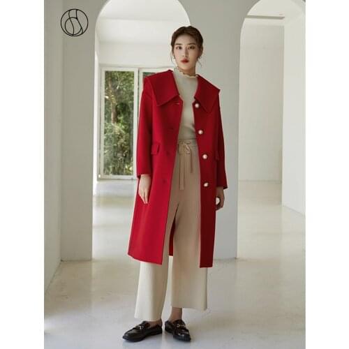 DUSHU Plus size vintage long winter 100% wool coat Women turn down collar elegant black blend coat Female oversized red jacket