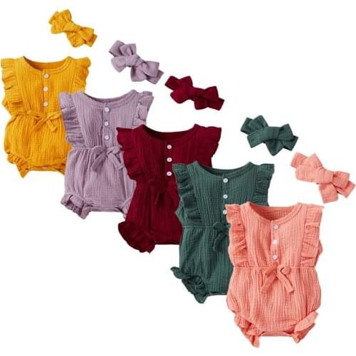 Citgeett Summer Solid Newborn Baby Girls Romper Set Fly Ruffled Sleeve Jumpsuit Button Casual Clothes