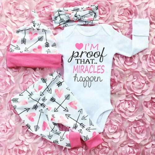 4PCS Newborn Baby Girl Boy Tops Jumpsuit Long Pants Headband Outfits Clothes Set