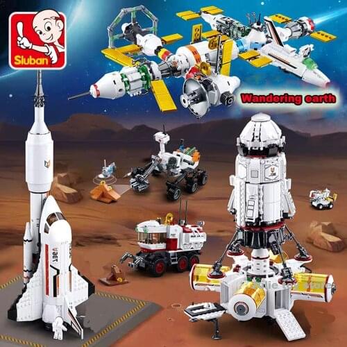 Sluban Building Blocks Space Station Rocket Lunar Lander Spaceship Space Shuttle Ship Figures Model Assemble Bricks Toy for Kids