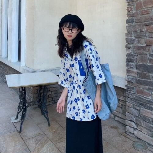 Summer Harajuku Streetwear Vintage Flowers Printing Shirt Short Sleeve Loose Single Breasted Oversized Cool Girl Blouses Shirt