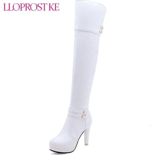 Lloprost ke High Heel Over the Knee Boots Thigh High Boots Women Winter Boots Round Toe Long Shoes Zip Sexy Female Shoes White