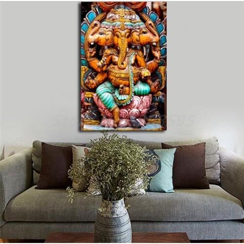 Lord Ganesh Wood Carving Oval Ornament Canvas Posters Prints Wall Art Painting Decorative Picture Artwork Modern Home Decoration
