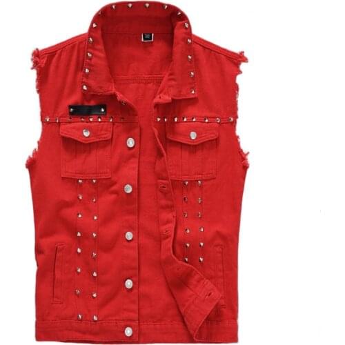 Mcikkny Mens Punk Denim Vest Fashion Rivet Jeans Waistcoats Male Sleeves Jeans Jackets Size M-5XL