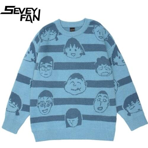 SEVEYFAN Mens Cartoon Chibi Maruko-chan Sweater Fashion Loose Cotton Pullover Knitwear for Couples