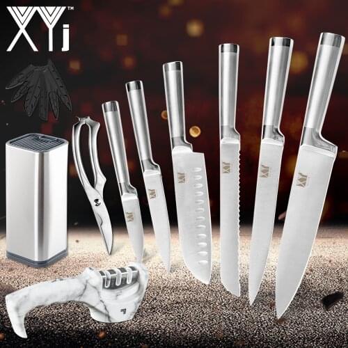 XYj Chef Knife 9pcs Set Quality Stainless Steel Kitchen Knife Sharp Blade Slicing Meat Cleaver With Knives Holder Sharpener
