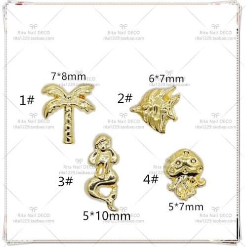 50pcs/pack Japan Korea Alloy Nail Art 3D Gold Palm Fish Mermaid Octopus Metal Accessories for Phototherapy Nail Sticker DIY