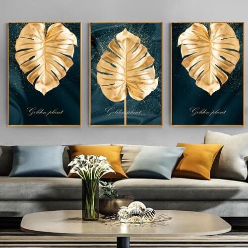 Golden Leaf Nordic Wall Canvas Art Poster Abstract Monstera Botanical Decorative Painting for Living Room Decor Pictures