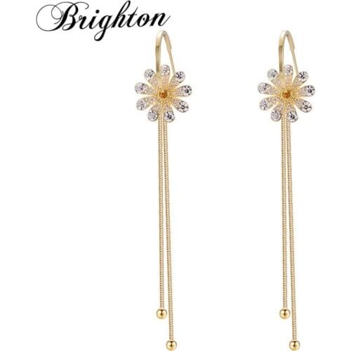 Brighton Unusual Trendy Metal Zircon Flower Chain Tassel Drop Earrings For Women Girl Romantic Fashion Jewelry New Arrivals