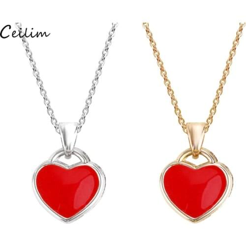 Fashion Enamel Red Love Heart Pendant Necklaces for Women Gold Silver Color Link Chain Wedding Jewelry Romantic Valentines Gift
