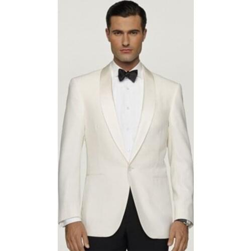 Ivory Tuxedo Jacket,Custom Made 1 Button Ivory Shawl Lapel Ivory Jacket and Black Pants,Tailor Made Ivory Wedding Suits For Men