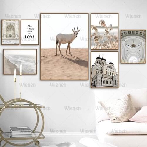 Desert Deer Beach Canvas Painting Nordic Autumn Reed Mosque Dome Quote Wall Art Posters and Prints Wall Pictures for Living Room