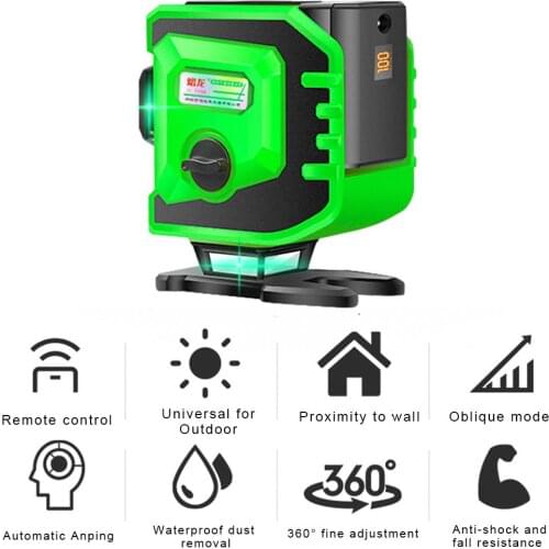 12 Lines 3D Green Beam Self-Leveling Laser Level 3x360 Cross Line 3-Plane Level Tool Vertical Horizontal Magnetic Pivoting Base