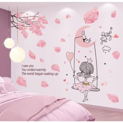 [SHIJUEHEZI] Cartoon Girl Moon Rabbit Wall Stickers DIY Tree Leaves Mural Decals for Kids Rooms Baby Bedroom Home Decoration