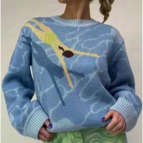 Women Cartoon Print Y2K Knitted Sweaters Autumn Loose Casual Pullovers Streetwear Vintage Harajuku Cute Knitwear Retro Shirt