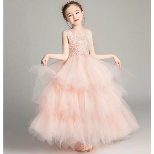 Girls Evening Dress Embroidered Beading Party Dress Layered Ball Gown for Wedding Princess Dress Children Clothes 2-12Y E20259