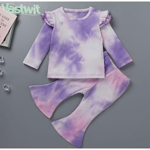 Spring Kid Girls Tie-dye Clothing Sets Children Girl Ruffles Long Sleeve Tops+Flared Pants Trousers Casual Ribbed Knitted Outfit