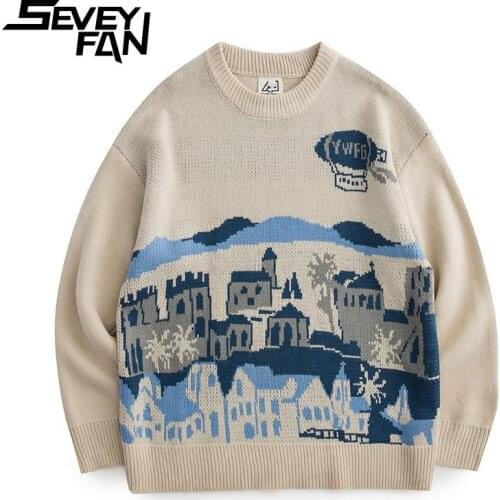 SEVEYFAN High Quality Mens Cartoon House Jacquard Sweater Casual Thick Cotton Knitwear Pullover for Couples