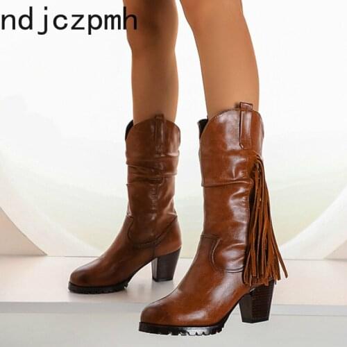 Autumn and Winter New Arrival 2020 Women Boots Classic Fashion Tassel Round Toe Mid Boots Martin Boots Plus Size 34-48 Black