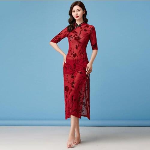 Women Belly Modern Dance Dress Cheongsam Indian Dance Slim Retro Mesh Printing Sexy Perspective Dancewear Competition Practice