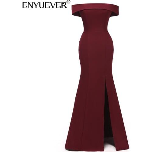 Enyuever Sexy Burgundy Evening Party Dress Women Clothing Off Shoulder Slim Slit Maxi Runway Sheath Long Bodycon Formal Dresses