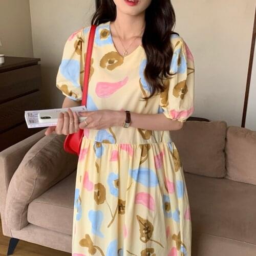 Women Summer Vintage V Neck Long Holiday Dress Oil Painting 2021 Puff Sleeve High Waist A-line Loose Sundress