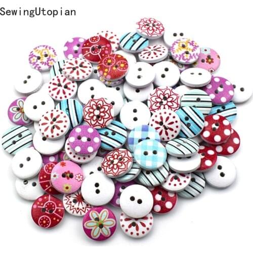 100pcs 15mm Mixed Round Retro Floral Printing Pattern Wood Decorative Button 2 Holes Sewing Wood Button Flatback Scrapbook