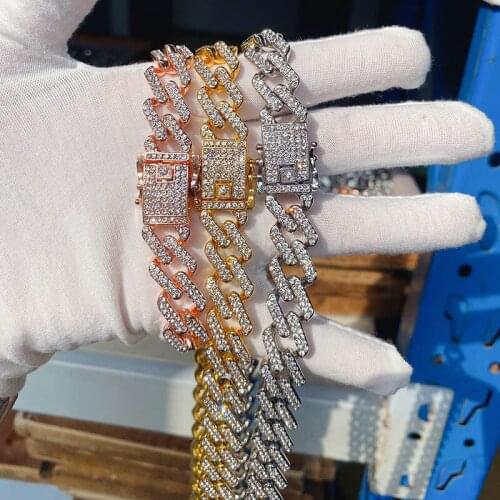 Hip Hop 13mm Bling Full Zircon Rhinestone Miami Cuban Iced Out Link Chain Bracelet Bangles for Women Men Jewelry 8 Inch