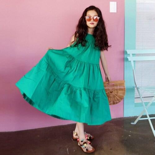 Size Girl Dress 2019 Summer Kids Green Yellow Sleeveless Beach Princess Dress Kids Teenage Girl Clothes