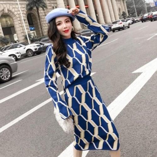 JSXDHK Autumn Winter Women Geometric Pattern Knitted Sweater Suits 2 Piece set + Elastic Waist Knee Bodycon Pencil Skirts Sets