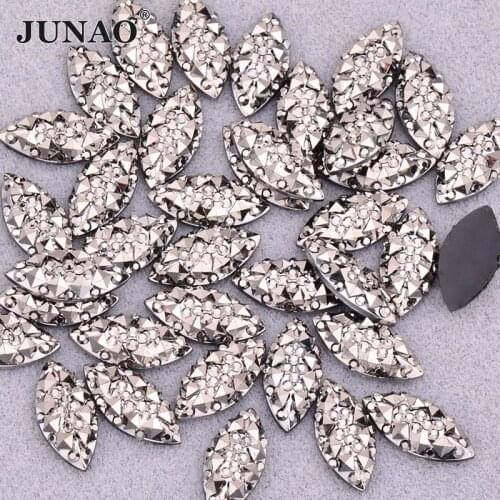 JUNAO 7*15mm Gun Black Color Resin Flatback Rhinestones Horse Eye Crystal Stones Applique Non Hotfix Diamond Strass DIY Crafts